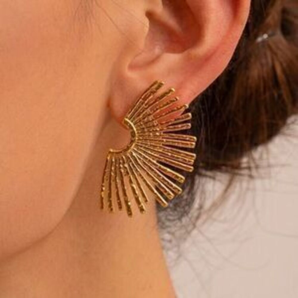 Gold Plated Hammered Fan Statement Earrings Chic Gift